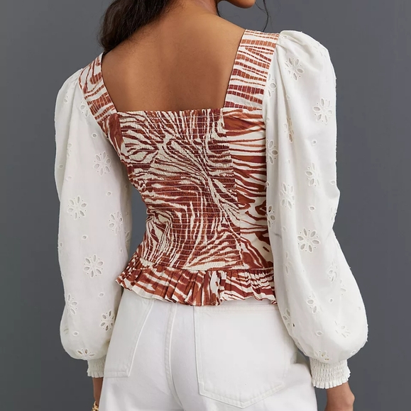 NWT Love the Label (Anthro) Smocked Puff Sleeve Blouse Brown Zebra Print - Picture 3 of 16